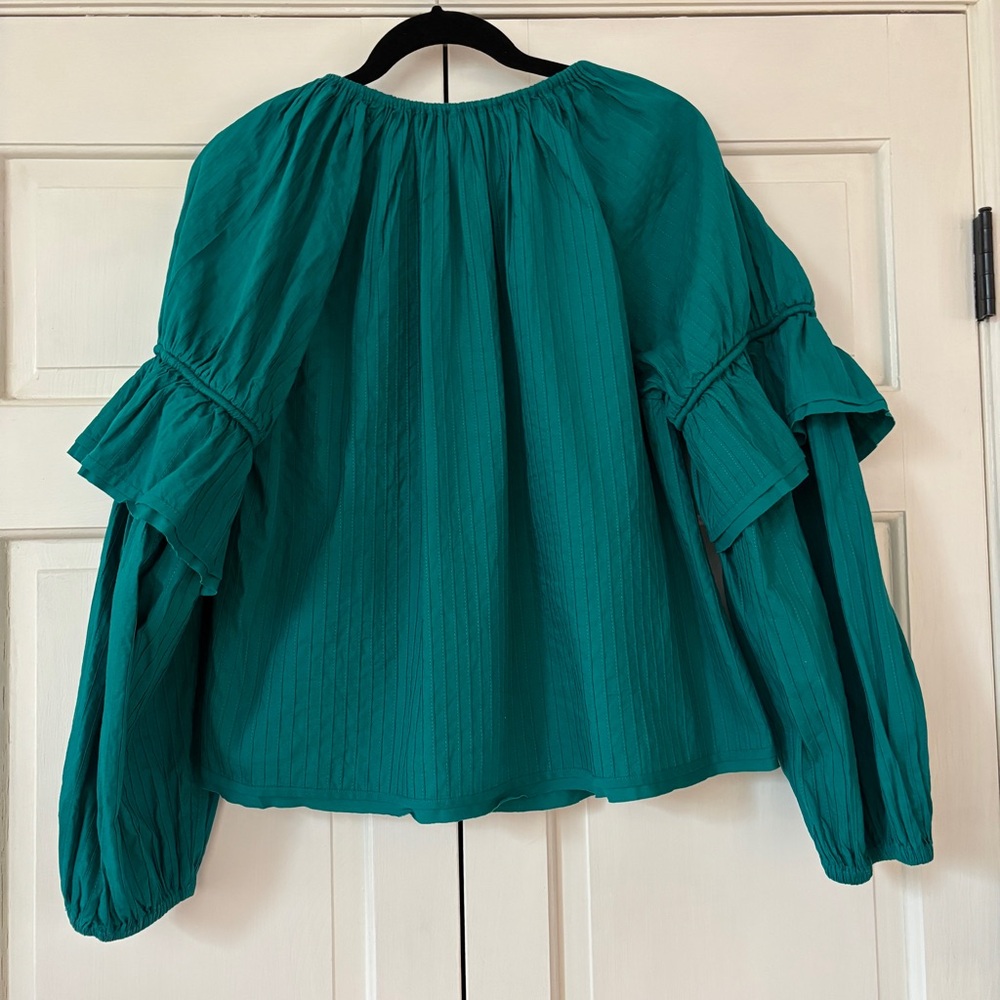 ULLA JOHNSON Concetta Blouse Verdigris Green Peasant Blouse Puff Sleeve Size‎ 10 - Picture 9 of 15